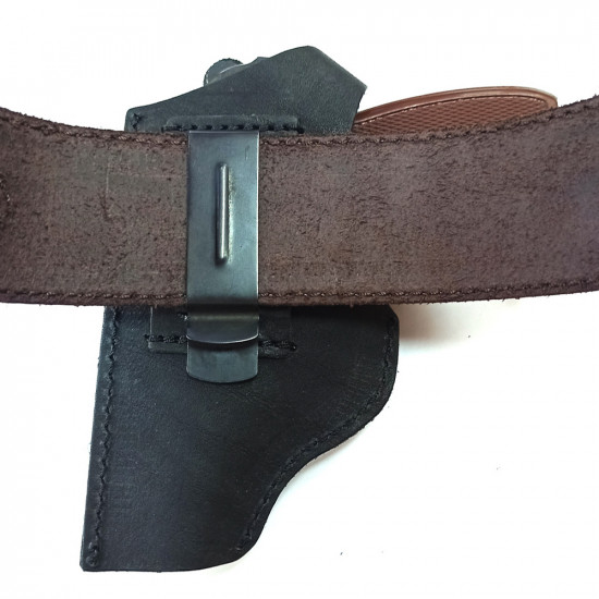 Кобура кожаная поясная для пистолета Макаров ПМ со скобой, черная
