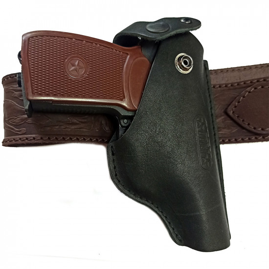 Кобура кожаная поясная для пистолета Макаров ПМ со скобой, черная