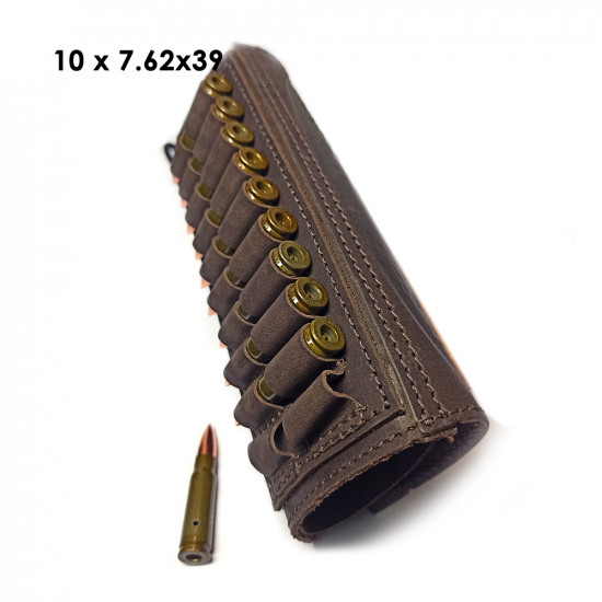 Патронташ кожаный на приклад на 10 патронов 7.62 калибра цвет шоколад