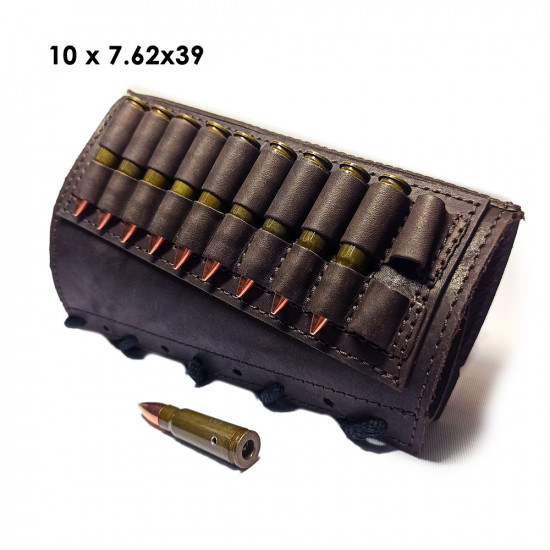 Патронташ кожаный на приклад на 10 патронов 7.62 калибра цвет шоколад