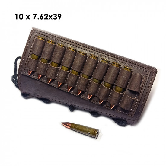 Патронташ кожаный на приклад на 10 патронов 7.62 калибра цвет шоколад