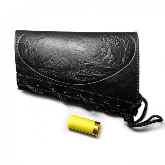 Патронташ на приклад из натуральной кожи на 6 патронов 12 калибра цвет черный