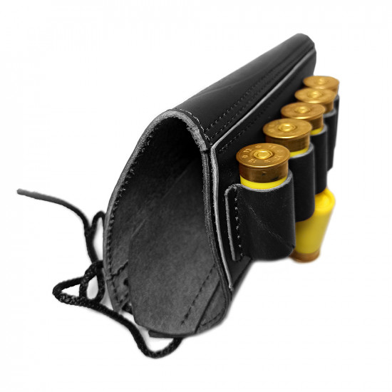 Патронташ на приклад из натуральной кожи на 6 патронов 12 калибра цвет черный