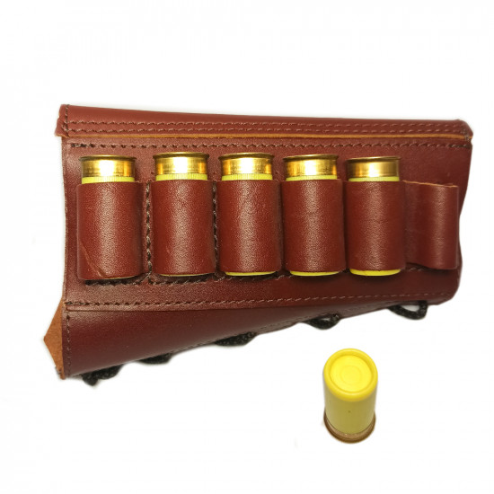 Патронташ на приклад из натуральной кожи на 6 патронов 12 калибра цвет коньяк