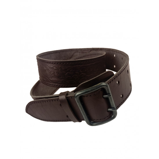 Ремень кожаный фигурный с тиснением цвет шоколад 120 см