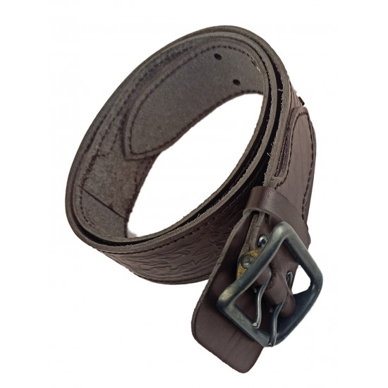 Ремень кожаный фигурный с тиснением цвет шоколад 130 см