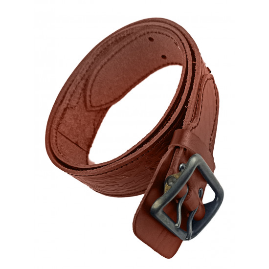 Ремень кожаный фигурный с тиснением цвет коньяк 150 см